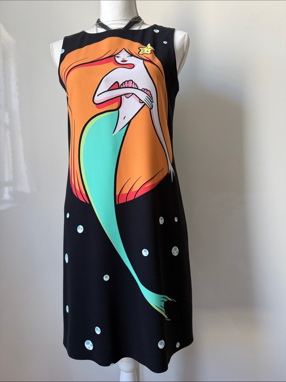 Moschino Black Mini Dress with Aqua & Orange Mermaid Graphic